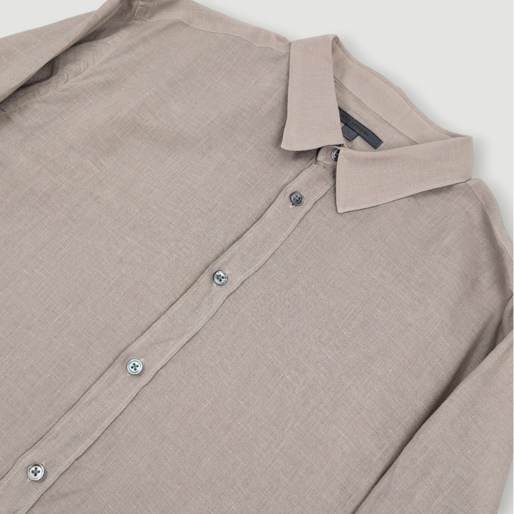 John Varvatos Linen Button Up Shirt Men Large Tan Business Casual Quiet Luxury